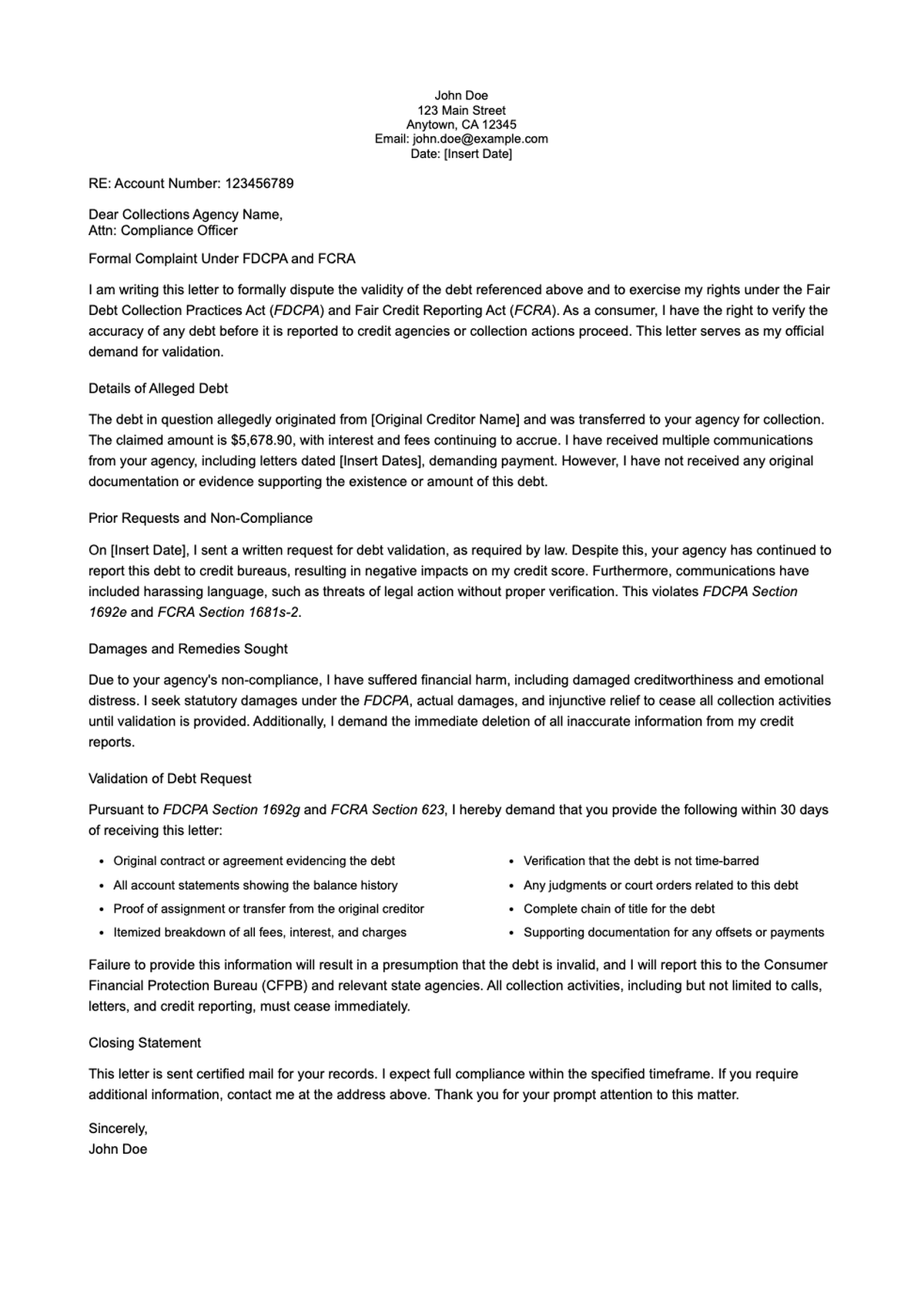 Formal debt validation complaint letter citing FDCPA FCRA violations_variant_3